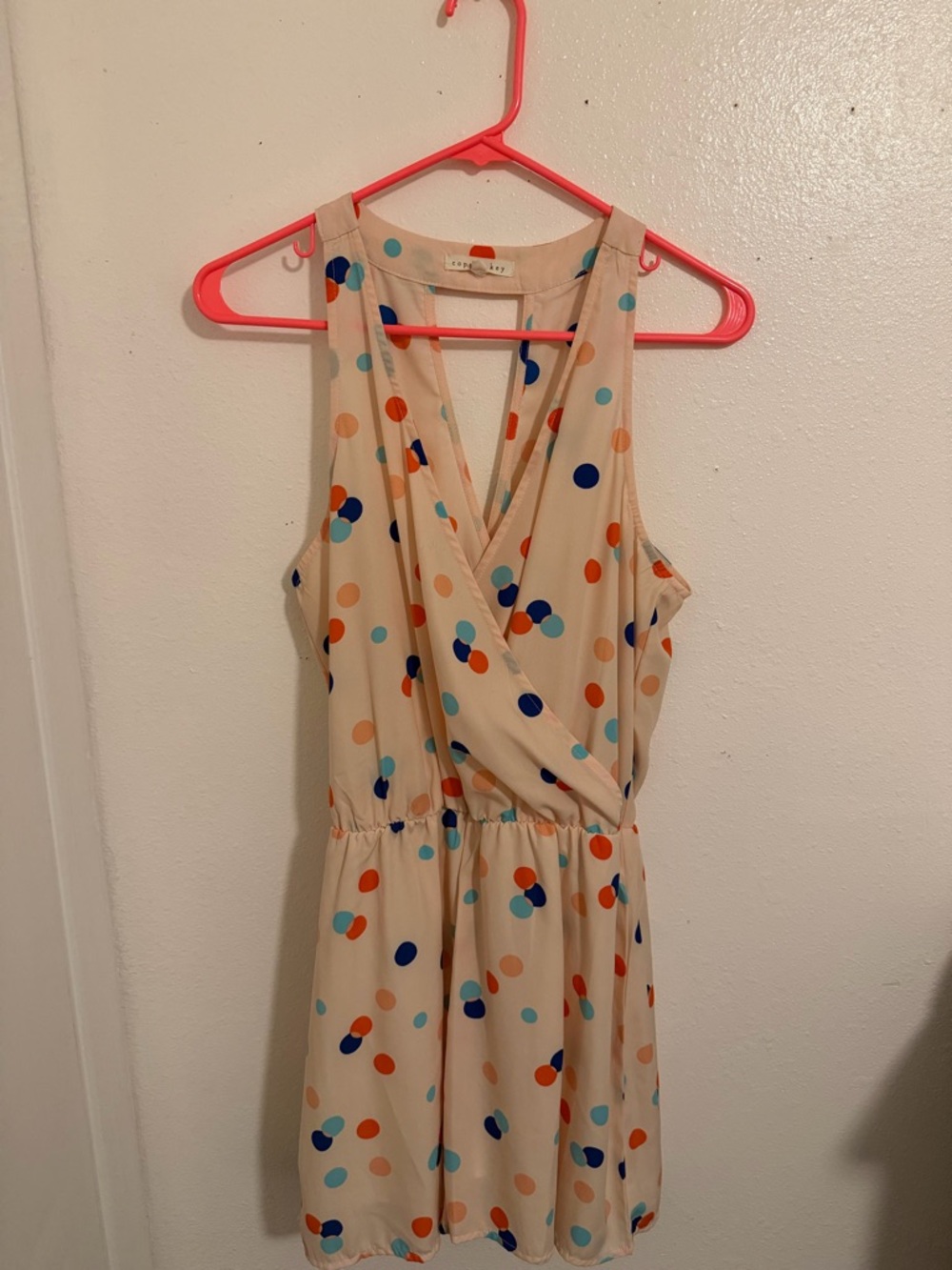 Copper Key Beige Sleeveless Wrap Dress with Navy, Orange & Teal Polka Dots
